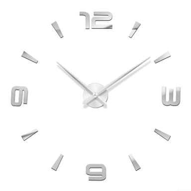 Horloge murale 3D à faire soi-même - Sans cadre - Grande horloge murale pour salon - 70 à 120 cm - Mouvement silencieux - Auto-adhésif (argenté)