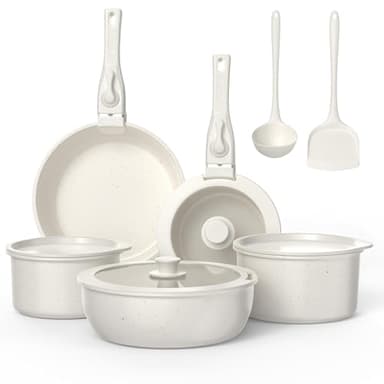 Batterie de Cuisine - Cookware Poêles et Casseroles Antiadhésives en Céramique Induction Tous Feux Lot de 13 Pièces, Poêle 20/26 CM, Sauteuse 26 CM, Casserole 18/20 CM avec Poignée Amovible Zyronem