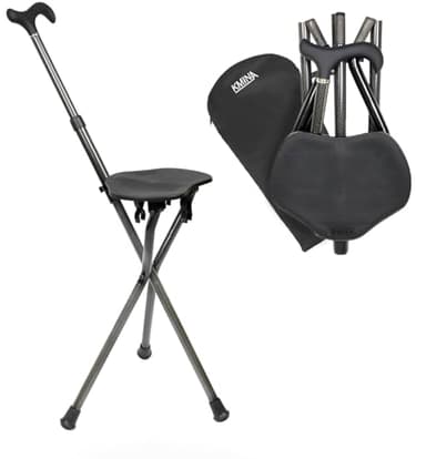 KMINA Canne Siège Fibre de Carbone, Chaise Pliante Portable, Aluminium, Tabouret 3 Pieds Réglable Noir - Modèle Pro