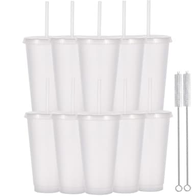 Yisituo Lot de 10 gobelets avec couvercle et paille, 710 ml, réutilisables, en plastique, pour smoothies, café, fête et voyage (10, transparent)
