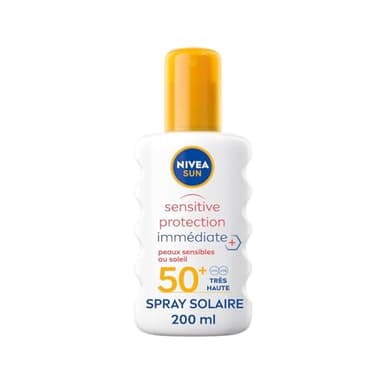 NIVEA SUN Spray solaire Sensitive protection immédiate FPS 50+ (1x200 ml), protection anti UV adaptée aux peaux sensibles, écran solaire texture légère & non grasse