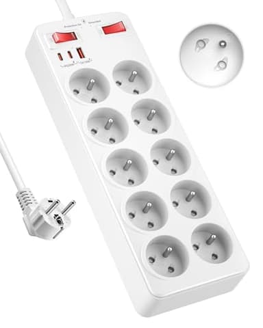 Multiprise 10 Prises Françaises, Bloc Multiprise Parafoudre et Surtension, Prise Multiple USB C avec Interrupteur de Surcharge, avec Terre 16A 2P+T, Rallonge Electrique Murale Câble 2 m, Blanc