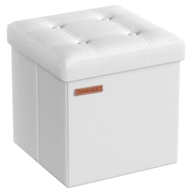 SONGMICS Pouf de 38 cm, Banc de Rangement Pliable avec Couvercle, Repose-Pieds Cube, Surface en PU, Capacité de Charge de 300 kg, pour Entrée, Salon, Chambre à Coucher, Blanc Nuage LSF030W11
