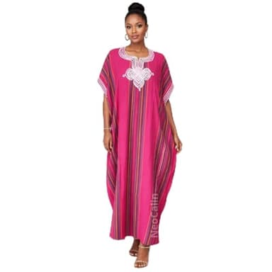 Neocalin Gandoura Caftan Femme en Coton de Qualité - Style Marrakech Bohème, Kaftan, Marocain, Taille Standard, Rose