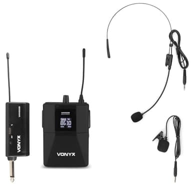 VONYX WM55B Ensemble Microphone sans Fil UHF avec Émetteur BodyPack - Micro Cravate, Micro Casque, Récepteur sans Fil Jack 6,35 mm, 10 Canaux, Idéal pour Les Plateaux TV, Productions, Animateurs