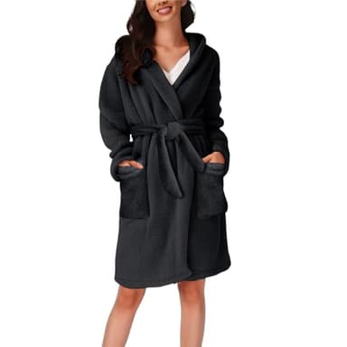 Peignoirs de bain en peluche pour femme avec capuche en tissu éponge mi-long pour la maison, la salle de sport, le spa et l'hôtel, peignoir à col châle, peignoir doux et absorbant, Noir , 4X-Large