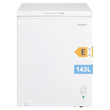 COMFEE' RCC146WH2EU(E) Congélateur coffre autonome 143L convertible congélateur/réfrigérateur, compresseur inverter, 4 étoiles, adapté aux dépendances, garages et abris, blanc [Classe énergétique E]