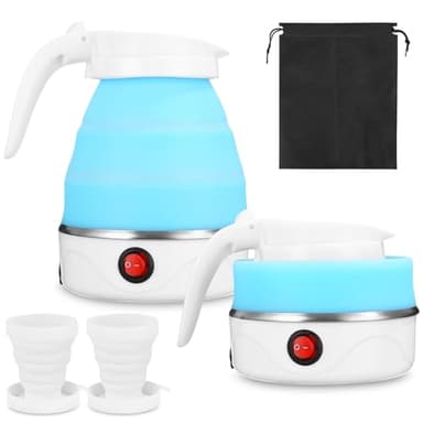 SinLaw Bouilloire pliable 600 ml en silicone - Mini bouilloire portable avec 2 gobelets pliants - Fond en acier inoxydable - Cuisine, voyage, camping, extérieur