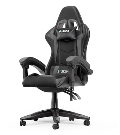 bigzzia Chaise Gaming,Ergonomique PU Cuir Chaise Bureau,Hauteur Réglable,avec Lombaire&Appui-Tête Appui,Dossier Inclinable à 155°,Fauteuil Gaming Adultes Enfants (Gris)