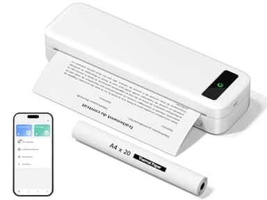 Imprimante Thermique Portable A4 sans Encre Compatible avec iOS, Android, Imprimante sans Fil Bluetooth pour Papier Thermique 216/210/110/80/53mm, Voyage, Bureau, École, Maison, Voiture, Blanc