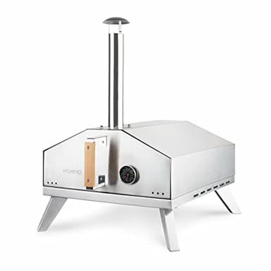 H.Koenig Four à gaz pour Pizza GINO440, Inox, Surface de 30,5x30,5 cm, Pierre en cordiérite à Pizza, jusqu’à 450°C, Porte et Cheminée amovible, Thermomètre intégré, Pelle à Pizza intégré