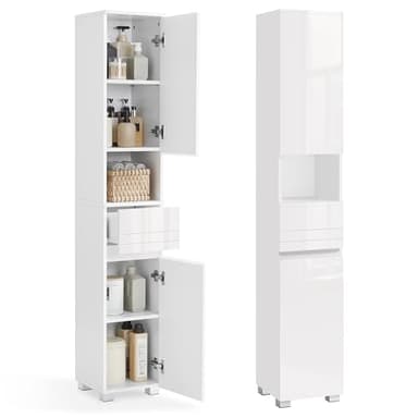 VASAGLE Armoire de Salle de Bain, Meuble de Rangement, Colonne, avec Tiroir, Étagères Réglables, Compartiments, 30 x 30 x 170 cm, Blanc BBC560P31