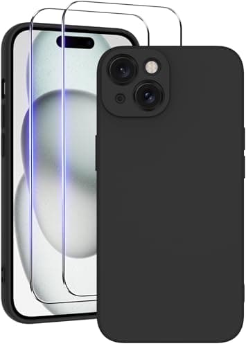 Qasyfanc Coque pour iPhone 15 avec 2 Pieces Verres Trempés, TPU Étui en Silicone avec Doublure en Microfibre Souple,Étui Protection Complète Cover Antichoc, Noir Mat