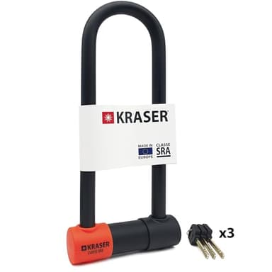 KRASER KR85L Antivol Moto Homologué SRA | Promo Model Plus Robust | U ø18mm Acier Cémenté, Double Verrouillage, 3 Clés Haute Sécurité Anti-crochetage, Recommandé Assurances, Antivol Vélo en U 85x300mm