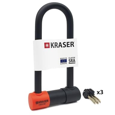 KRASER KR85M Antivol Moto Homologué SRA | Promo Model Plus Robust | U ø18mm Acier Cémenté, Double Verrouillage, 3 Clés Haute Sécurité Anti-crochetage, Recommandé Assurances, Antivol Vélo en U 85x250mm