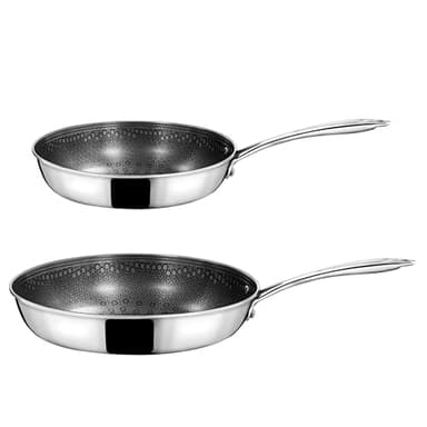 CUISINOX - Virtuo - 2 poêles 24-28 cm - Fond triply, revêtement nid d'abeille antiadhérent - Compatible tous feux - Acier inoxydable - Finition Satiné - Sans PFOA et PFAS - Made in France