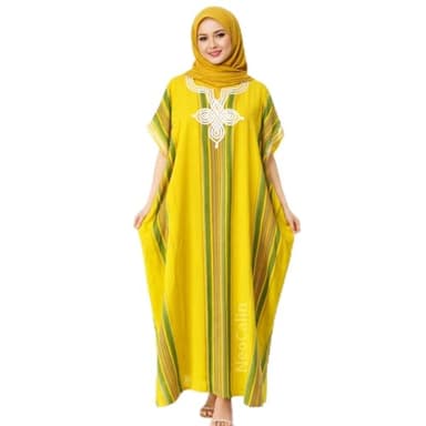 Gandoura Caftan Femme en Coton de Qualité Supérieure - Style Marrakech Bohème, Taille Standard (FR/ES, Alpha/Lettres, Taille Unique, Taille Normale, Taille Normale, Jaune)