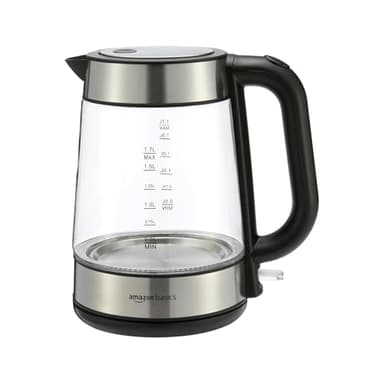 Amazon Basics Bouilloire électrique en verre, 1.7 l, 2200W, Noir, Argenté