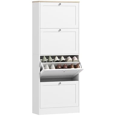 HOMCOM Meuble à Chaussures 24 Paires, Armoire à Chaussures étroite Moderne avec 4 tiroirs rabattables et étagères réglables, pour Couloir et entrée, 60 x 23,5 x 151 cm, Blanc