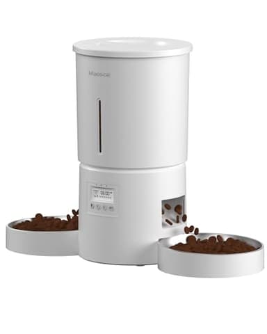 Distributeur Croquettes Chat Automatique Double, 4.2L avec Minuterie, Enregistrement Vocal 10s, 2 Bols INOX - Version Blanche, Idéal pour Les Familles Multi-Animaux et Les Départs en Voyage