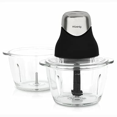 H.Koenig Mini Hachoir Electrique Noir Mat Chrome LEO9 Résistant Bol Verre Gradué 1L Lames INOX, Facile d'utilisation, Légumes, Epices, Fruits Secs, Couvercle de conservation