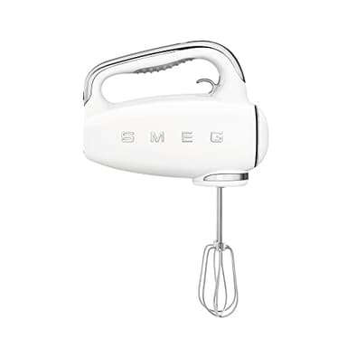 Smeg, Batteur Électrique HMF01WHEU, 9 Niveaux de Vitesse, Fonction Turbo, Système de Démarrage Progressif, 4 Batteurs, 2 Crochets Pétrisseurs et Range Cable Fournis, 250W, Blanc