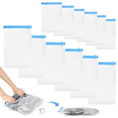 TOSAVGA 12 Pièces sac compression voyage, Sac Sous Vide Roulé à la Main, sac de compression, Réutilisable sac de rangement sous vide, sac sous vide vetement aspirateur - 35 x 50cm + 40 x 60cm