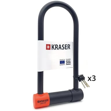 KRASER KR120L Antivol Moto Homologué SRA, U ø18mm Acier Cémenté, Plus Robust, Recommandé par Assurances, Double Verrouillage 3 Clés Serrure Haute Sécurité Anti-crochetage, Antivol Vélo en U, 120x310mm