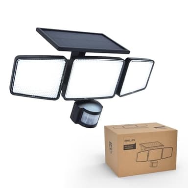 Philips Lampe de sécurité solaire Extérieur 302 LED 1200 lm, projecteur mural étanche à énergie solaire avec détecteur de mouvement PIR, 3 têtes, étanche IP65, 3 modes (1)