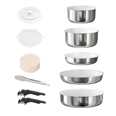 RIOVARM Acier inoxydable Batterie de cuisine Induction avec Poignées Détachables, Céramique Antiadhésive Empilables Sets de poêles et casseroles avec Couvercles, Peut être lavé au lave-vaisselle