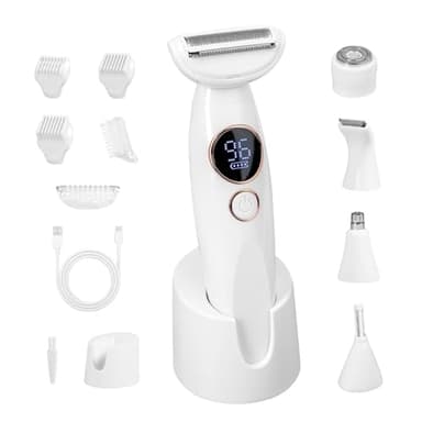 Carehabi Rasoir Électrique Femme 5 en 1 & Tondeuse Bikini - Rasoir Intime Femme Étanche IPX7 pour Visage, Corps, Maillot & Sourcils - Lady Shaver Sans Fil avec Base de Charge USB