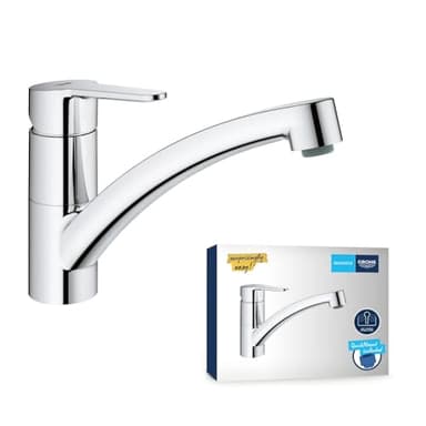 GROHE StartEco Mitigeur Monocommande Evier, Robinet Cuisine, Bec Bas, Rotation 140°, Mousseur avec Fente pour un Remplacement sans Outil, Chromé, 31685000