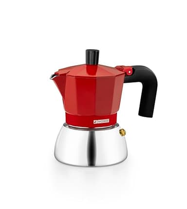 Monix Induction Inox | Cafetière italienne en aluminium et acier inoxydable, 3 tasses, poignée résistante à la chaleur, facile à laver, pour tout type de cuisinière dont l’induction, couleur rouge