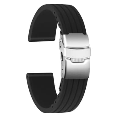 ULLCHRO Gummi Uhrenarmband Ersatzarmband Ersatz Kautschuk Armbanduhr Wasserfest Stripe Pattern - 16mm, 18mm, 20mm, 22mm, 24mm Uhrenband mit Edelstahl Faltschließe (22mm, schwarz)