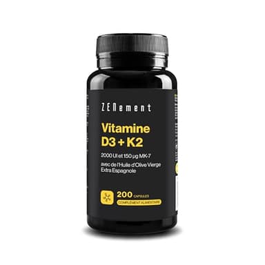 Vitamine D3 + K2, 2000 IU & 150µ MK-7, 200 Capsules | avec de l'Huile d'Olive Vierge Extra Biologique | Os, Muscles et Système Immunitaire | 100% Ingrédients Naturels | Zenement