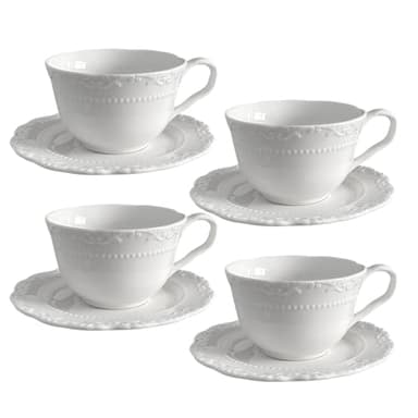 imposyu Lot de 4 Tasses à Cappuccino avec Soucoupe 180ml Tasses à Café Porcelaine Tasse à Café Ensemble de Tasse et Soucoupe pour Café, Cappuccino, Thé(Blanc)
