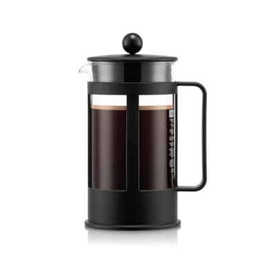 Bodum Kenya Cafetière à Piston - 1L / 8 Tasses - Cafetière Manuelle en Verre Borosilicate et Inox - Passe au Lave-Vaisselle - Fabriquée au Portugal