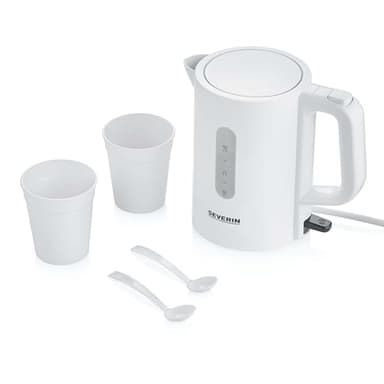 SEVERIN bouilloire de voyage sans BPA 1 100 W, Petite bouilloire d’une capacité de 0,5 L, Bouilloire électrique livrée avec 2 tasses et 2 cuillères, Blanc, WK 3462