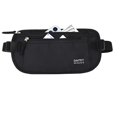 DAITET Ceinture d'argent avec blocage RFID pour homme et femme, sac banane fin pour voyage, course à pied, portefeuille dissimulé pour passeport, téléphone, argent liquide, noir, Rfid Blocking & Belt