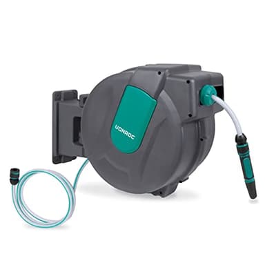 VONROC Enrouleur de Tuyau Automatique Mural 35M - Kit Complet pour Arrosage Facile et Efficace - Support Mural, Buse d’Arrosage Réglable, Raccords Tuyau et Robinet Inclus