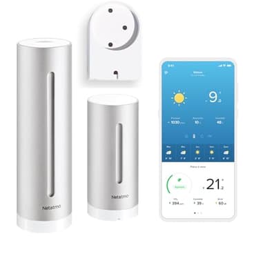 Netatmo Station Météo Intérieur Extérieur Connectée sans Fil avec Support Mural, Thermomètre, Hygromètre, Baromètre, Sonomètre, Qualité de l'air - Compatible Alexa, Apple et Google Home, NWS01-AMZ