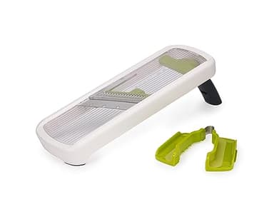 Joseph Joseph Multi-Grip Mandoline de Cuisine, Coupe Légumes et fruits Multifonction avec 3 Épaisseur de Tranche et 2 de Julienne Réglable, avec Pince alimentaire de précision, Blanc