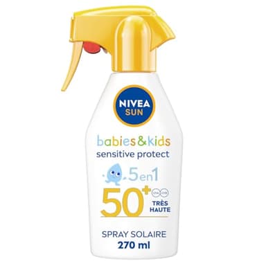 NIVEA SUN Pistolet solaire protection Babies & Kids Sensitive Protect FPS 50+ (1 x 270 ml), Spray ultra résistant à l’eau, Crème solaire formulée pour la peau fragile des enfants et bébés