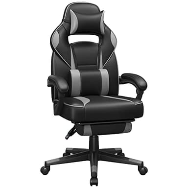 SONGMICS Fauteuil de Bureau, Chaise Gaming, RÉglable, Repose-pieds TÉlescopique, MÉcanisme À Bascule, Appui-tÊte, Support Lombaire, Charge 150 kg, Noir d'Encre et Gris Tourterelle OBG073B03