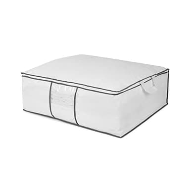 Compactor – Housse de rangement pour couette et vêtements zippée avec poignées, coloris blanc et liseré gris, rangement placards