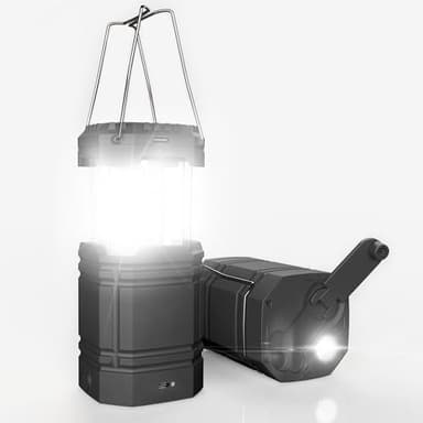 Lanterne Solaire de Camping à Manivelle, Lampe de Poche LED Portable Ultra Lumineuse, Batterie 3000mAh et Autonomie 30-35 H, Charge Port USB & Etanche pour l'Extérieur, Lecture, Randonnée, Urgence