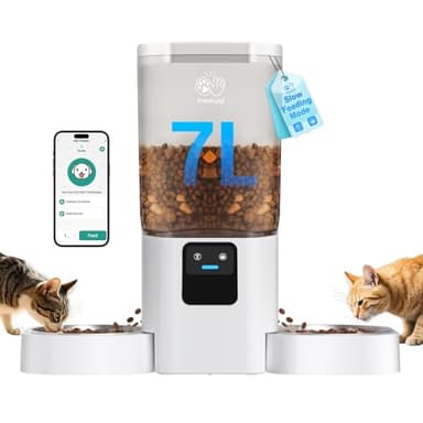 Frienhund Distributeur Croquettes Chat Automatique Double avec Alimentation Lente: 7L Gamelle Chat Automatique pour 2 Bols, WiFi 5G Distributeur Croquette Chien avec Alexa, Détachable