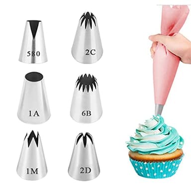 GONDNOWS Lot de 6 grandes douilles professionnelles (580, 2D, 2C, 1M，1A，6B) pour la décoration de gâteaux et cupcakes - Compatible poche à douille, churro, donuts, Multicolore