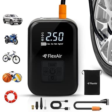 FLEXAIR – Gonfleur Pneus Voiture & Pompe Vélo Électrique Rechargeable | Compresseur à Air Portatif sans Fil | Mini Souffleur Puissant pour Ballon, Moto, VTT & Accessoires de Gonflage