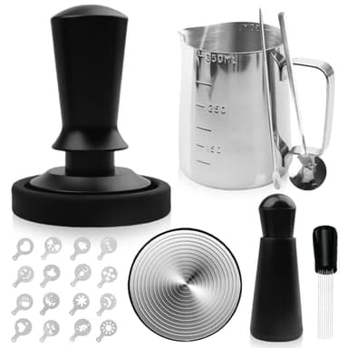 GOMETY Tasseur à Café 51mm Set Barista 22 Pièces, Presse à Café Espresso en Acier Inoxydable avec Pot à Lait 350ml, Tapis de Tassage, Stylo Latte Art, Cuillère et Accessoires pour Machine à Café
